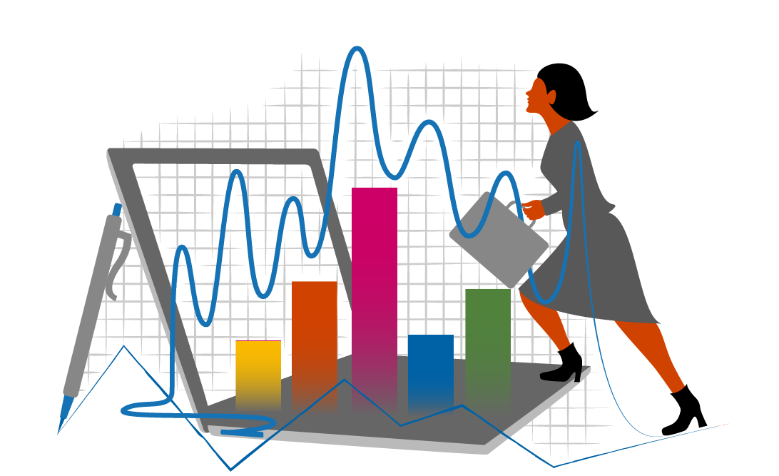 Illustration: En kvinna som går över en statistisk graf